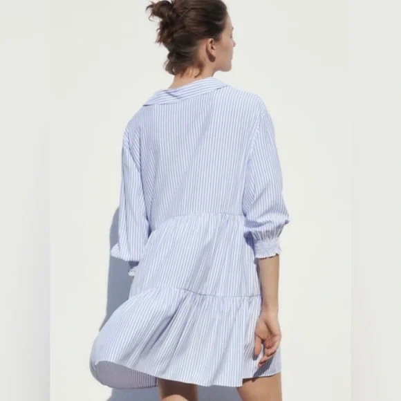 Zara NWOT Women’s Blue & White Vertical Striped Tiered Mini Dress, Size Large. - Picture 8 of 11